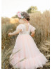 Flutter Sleeves Ivory Lace Blush Pink Tulle Twirl Flower Girl Dress